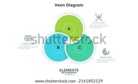 Venn chart with three overlaying circular elements. Concept of 3 business options for data analysis. Minimal infographic design template. Modern flat vector illustration for business presentation.