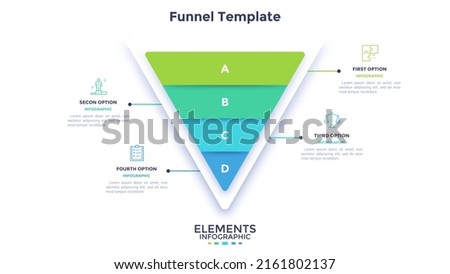 Funnel chart or inverted pyramid diagram divided into four colorful layers. Concept of 4-staged sales model. Minimal infographic design template. Modern flat vector illustration for business report.