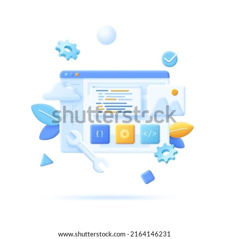 Source code in application window, wrench and program settings. Concept of software testing, coding, bug fixing, back-end or front-end programming. Vector illustration in pseudo 3d style for banner.