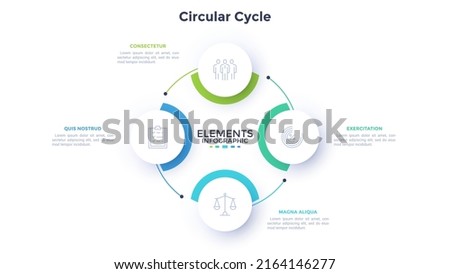 Circular scheme with four round paper white elements. Concept of cyclic business process with 4 stages. Minimal infographic design template. Modern flat vector illustration for data visualization.