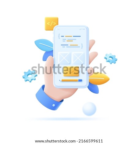 Hand holding smartphone with source code and envelope on screen. Concept of mobile application or script for automation of sending e-mails. Modern vector illustration in pseudo 3d style for banner.