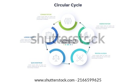 Circular scheme with five round paper white elements. Concept of cyclic business process with 5 stages. Minimal infographic design template. Modern flat vector illustration for data visualization.
