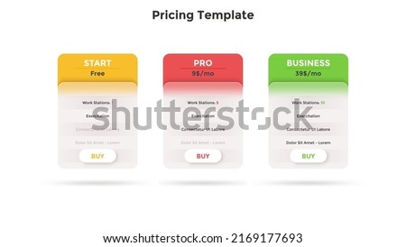 Three pricing tables, application versions, subscription plans with list of features to compare and choose - start, pro, business. Simple infographic design template. Modern flat vector illustration.