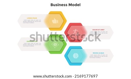 Business model with 4 colorful hexagons covered by translucent elements. Concept of menu or list with four features. Minimal infographic design template. Modern flat vector illustration for banner.