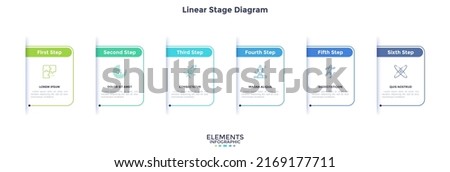 Six paper white rectangular elements placed in horizontal row. Concept of 6 steps of business development process. Simple infographic design template. Modern linear vector illustration for report.