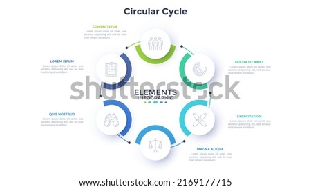 Circular scheme with six round paper white elements. Concept of cyclic business process with 6 stages. Minimal infographic design template. Modern flat vector illustration for data visualization.
