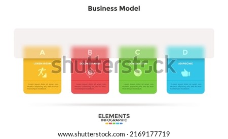 Business model with 4 cards behind translucent rectangular element placed in horizontal row. Concept of four features of company. Simple infographic design template. Modern flat vector illustration.
