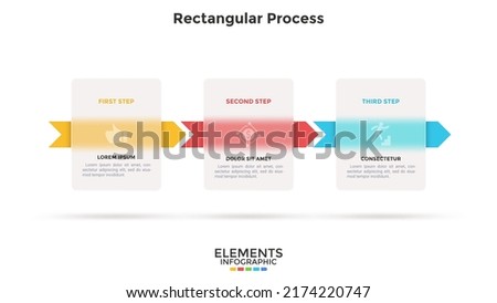 Progress bar with 3 arrows behind translucent rectangular elements placed in horizontal row. Concept of three steps to business success. Minimal infographic design template. Flat vector illustration.