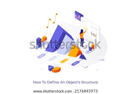 Conceptual template with pyramid diagram and woman monitoring indicators. Scene for structural analysis, study of object structure and components. Modern isometric vector illustration for website.