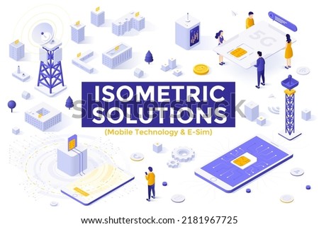 Mobile technology and e-sim set - people using e-SIM or embedded universal integrated circuit card technology. Bundle of isometric design elements isolated on white background. Vector illustration.