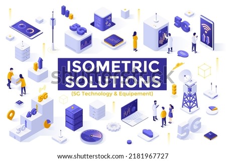 5G technology and equipment set - people using hardware for mobile network, satellite dish towers, smartphones. Bundle of isometric design elements isolated on white background. Vector illustration.