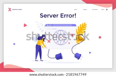 Landing page template with Internet user and browser window with plug pulled out of socket. Concept of server error, website is unavailable, access denied. Modern flat vector illustration for webpage.
