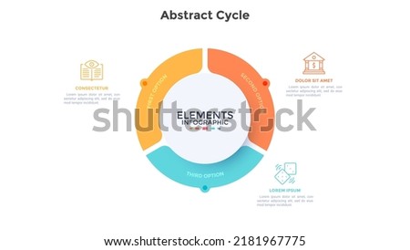 Ring-like pie diagram divided into 3 pieces. Concept of three parts of startup project development process. Simple infographic design template. Modern flat vector illustration for data visualization.