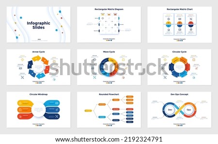 Collection of infographic presentation slides - hierarchy flowchart, pie charts, devops infinity diagram, mind map. Simple flat vector illustration for business data report, information visualization.