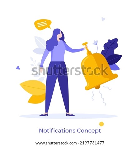 Woman ringing bell. Concept of website online notification signal, notifying or informing user about new message in web application. Modern colorful flat vector illustration for poster, banner. Photo stock © 