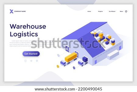 Landing page template with trucks unloading at warehouse. Concept of cargo transportation and storage, export and import delivery, freight forwarding services. Modern isometric vector illustration.