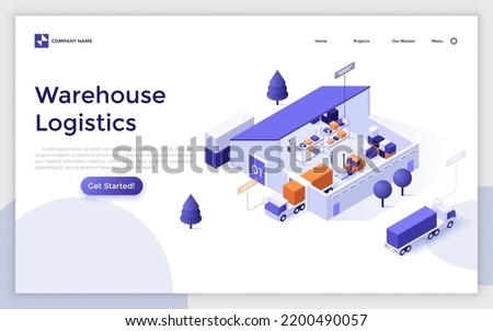 Landing page template with cargo vehicles and shelvings inside warehouse. Concept of storage and delivery of goods, freight forwarding or logistics services. Isometric vector illustration for webpage.