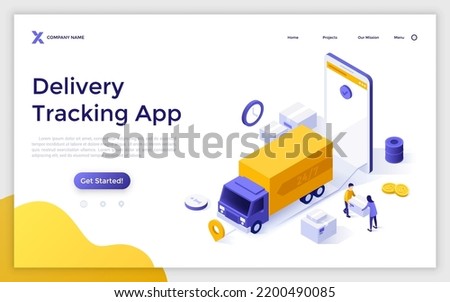 Landing page template with people loading cargo vehicle and smartphone. Concept of mobile application for express delivery tracking, phone app for logistics service. Isometric vector illustration.