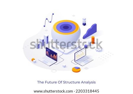 Conceptual template with laptop computers connected to sphere with cut off cap. Scene for future of material analysis or research, nanotechnology. Modern isometric vector illustration for website.