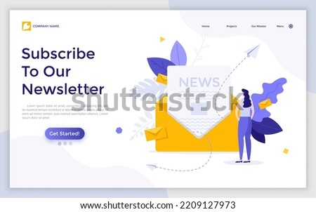 Landing page template with woman reading incoming electronic letter with news in envelope. Concept of newsletter, e-mail, internet message, online communication. Flat vector illustration for webpage.