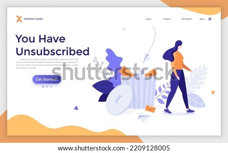 Landing page template with woman and garbage bin full of letters. Concept of unsubscribing from email newsletters, removal of subscriber from mailing list. Modern flat vector illustration for website.