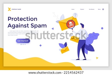 Landing page template with person looking at letter in envelope through loupe and seeing skull and crossbones. Concept of spam message, suspicious e-mail. Modern flat vector illustration for webpage.
