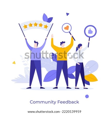 Group of people holding banners with five stars, like and thumbs up symbols. Concept of community feedback, collective positive evaluation of service. Modern flat vector illustration for banner.
