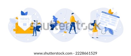 People looking at letter, passing by trash can full of envelopes, using dashboard. Concept of unsubscribing from newsletters, spam collection, email settings. Set of modern flat vector illustrations.