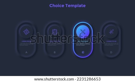 Menu with four rounded elements or buttons placed in horizontal row. Concept of 4 options of business project to select. Dark neon infographic design template. Modern vector illustration for report.