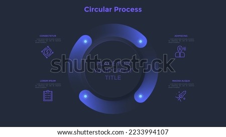 Ring-like cyclic chart with four gradient elements. Concept of 4 steps to startup project launch. Dark neon infographic design template. Modern vector illustration for business data visualization.