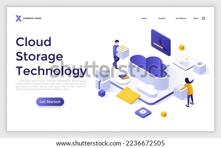 Landing page template with people putting cubes into cloud. Concept of digital information storage technology, downloading files in internet database. Modern isometric vector illustration for webpage.