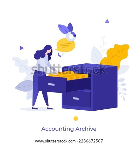 Accountant or bookkeeper looking into drawer full of document folders. Concept of accounting archive or record, financial information storage, bookkeeping. Modern flat vector illustration for poster.