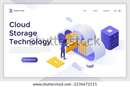 Landing page template with woman putting document folders into cloud. Concept of online digital data archive or backup service, internet database. Modern isometric vector illustration for webpage.