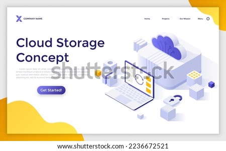 Landing page template with laptop computer connected to cloud. Concept of online files storage service or technology, digital data archive or backup. Modern isometric vector illustration for website.