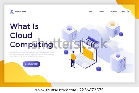 Landing page template with person looking at document folder on laptop computer screen. Concept of cloud computing technology, online digital information storage. Modern isometric vector illustration.