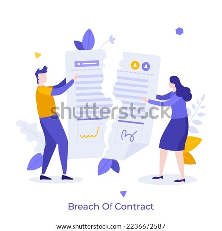 Two entrepreneurs or clerks tearing up document. Concept of breach of contract, agreement termination, breaking business deal, disagreement between parties. Modern flat vector illustration for poster.