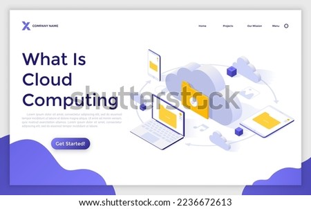 Landing page template with cloud with folder surrounded by laptop computer, smartphone and tablet PC. Concept of cross-platform app for online files storage. Modern isometric vector illustration.