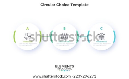 Process chart with three connected paper white circles placed in horizontal row. Concept of 3 stages of startup development. Modern infographic design template. Flat vector illustration for report.