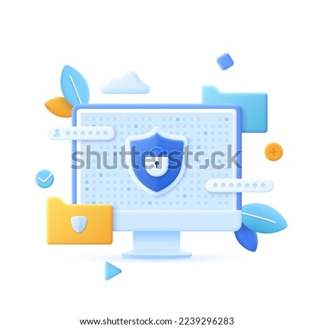 Computer display with shield, padlock and folder on screen. Concept of secure access to digital documents or archive, information protection. Modern vector illustration in pseudo 3d style for banner.