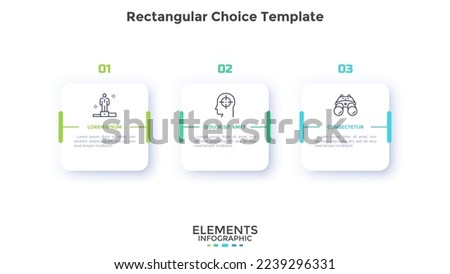 Three square paper white elements placed in horizontal row. Concept of 3 successive steps to business project success. Modern infographic design template. Simple flat vector illustration for banner.