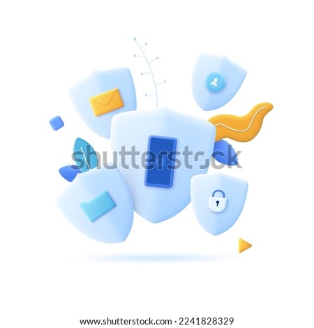 Shields with padlock, folder, smartphone, letter, profile symbols on it. Concept of protection of digital documents, e-mail box, personal information. Modern vector illustration in pseudo 3d style.