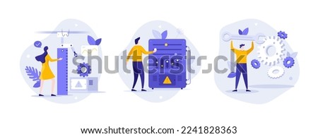 People using wrench, manipulator and sliders on control panel or dashboard. Concept of robotics, engineering, settings management, technology for task automation. Bundle of flat vector illustrations.