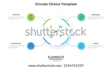 SWOT chart with four circles connected to round element in center. Concept of strengths, weaknesses, strengths and opportunities of project. Infographic design template. Flat vector illustration.