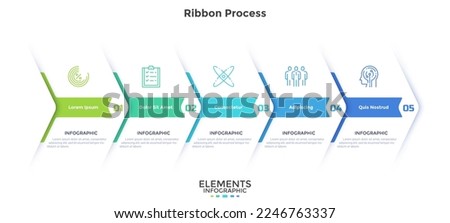 Progress bar with 5 overlaying paper white arrows placed in horizontal row. Concept of five steps to business goal achievement. Modern infographic design template. Minimal flat vector illustration.