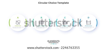 Process chart with four connected paper white circles placed in horizontal row. Concept of 4 stages of startup development. Modern infographic design template. Flat vector illustration for report.