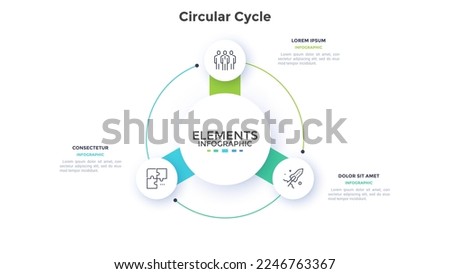 Circular diagram with 3 round elements placed around center. Concept of three stages of cyclic process. Minimal infographic design template. Modern flat vector illustration for strategic planning.