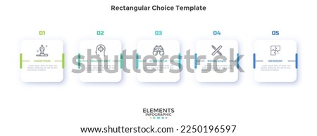 Five square paper white elements placed in horizontal row. Concept of 5 successive steps to business project success. Modern infographic design template. Simple flat vector illustration for banner.