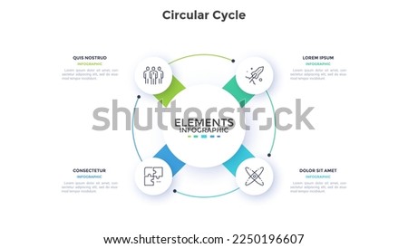 Circular diagram with 4 round elements placed around center. Concept of four stages of cyclic business process. Minimal infographic design template. Modern vector illustration for strategic planning.