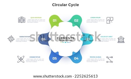 Circular flower petal diagram with six elements. Concept of 6 features of startup project cycle. Modern infographic design template. Simple flat vector illustration for business data visualization.