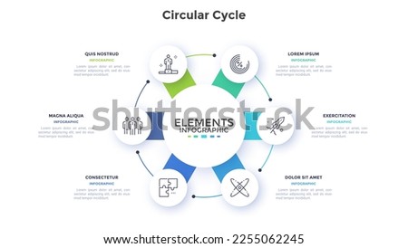 Circular diagram with 6 round elements placed around center. Concept of six stages of cyclic business process. Minimal infographic design template. Modern vector illustration for strategic planning.